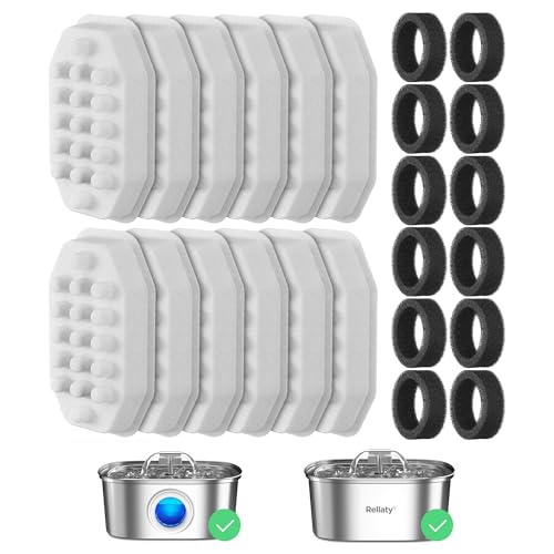 Rellaty Official Cat Fountain Filters Replacement： Pre-Filter Sponges for 3.2L/108oz Automatic Pet Water Fountain - Includes 12 Sponge Filters & 12 Carbon Filters