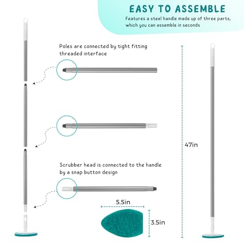 Shower Scrubber with Long Handle, 47'' Bathtub Scrub Brush, Bathroom Tub and Tile Cleaning Tool with 6 Refill Pads - color: Green, size: Scrubber with Long handle