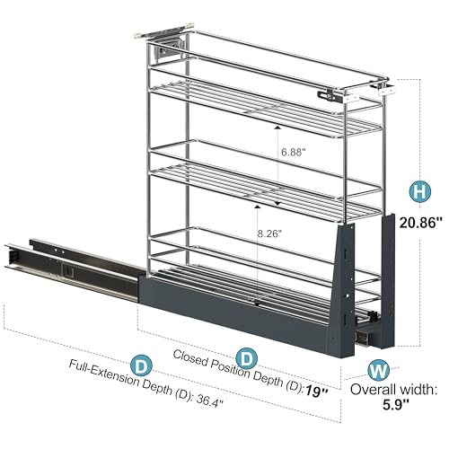 JOWBOOW 6 Inch Pull Out Cabinet Organizer (5.9" W), Fully Assembled Narrow Slide Out Spice Rack with Anti-Wobble Wheels& Door Mount Kit, Heavy Duty 3 Tier Pantry Storage for Base Cabinets - size: 6"W Bottom-Mount