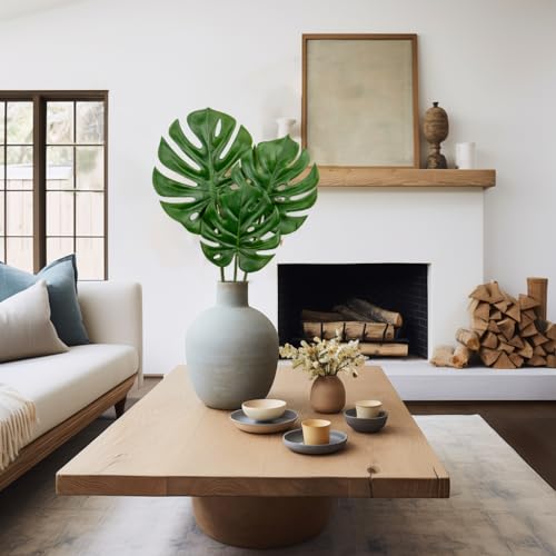 3 Pack Artificial Monstera Leaves with Long Stem for Vase - Fake Tropical Plants Palm Leaves Realistic Philo Turtle Leaves for Home Wedding Party Decor