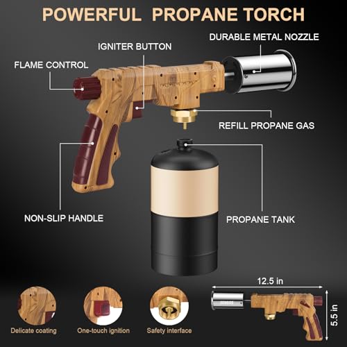 Semlos Propane Torch - Kitchen Torch - Powerful Grill Gun - Charcoal Lighter - Campfire Starter - Sous Vide - Chef Blow Torch for Searing Steak & Creme Brulee & BBQ(Propane Tank Not Included) - color: ‎brown and Red
