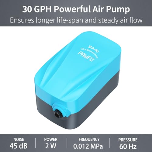 Pawfly Aquarium 15-40 GPH Compact Air Pump Quiet Oxygen Aerator Pump with Air Stone/Nano Bio Sponge Filter Airline Tubing and Check Valve Accessories for 3-20 Gallon Buckets and Fish Tanks - style: Basic