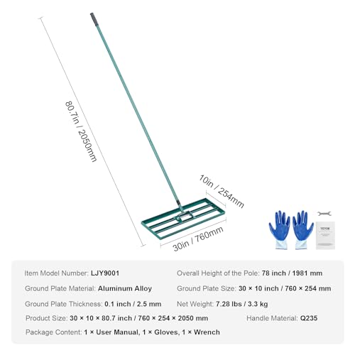 VEVOR Lawn Leveling Rake, 30" x10" Level Lawn Tool, Heavy-Duty Lawn Leveler with 78" Steel Extended Handle, Yard Leveling Rake Suit for Garden, Golf Lawn, Farm, Green - size: 30"x10", style: Classic: Alloy