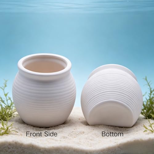 Saim Ceramic Aquarium Hideout Cave, White Clay Pot Fish Tank Decorations with 3.94" Round Opening, Natural Hide House for Cichlid Goldfish Pleco Betta Shrimp Breeding, Aquascape Ornament (Large)