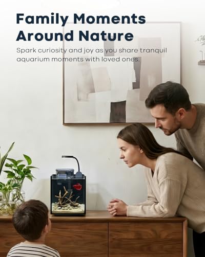Desktop Small Aquarium Set Glass Fish Tank 1.25 Gallon, with Water Pump Filter Bright LED Light Gravel Cleaning Tool, Starter Kit Small Space Easy Setup Space-Saving Design Betta Shrimp