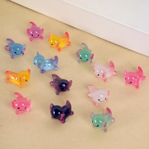 Mini Axolotl Figurines, 80 Pack Miniature Axolotl Figurine Luminous Resin Animal Charm Ornament for Fairy Garden Bonsai Miniature Landscape Desktop Dollhouse