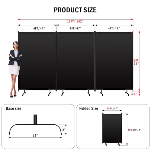 Room Divider Panel, Siebwin 3 Panel Folding Privacy Screens with Wider Feet, 12 Ft Portable Room Partition for Room Separator, Room Divider Screen Partition Room Dividers Freestanding - size: 3 Panel 12FT W