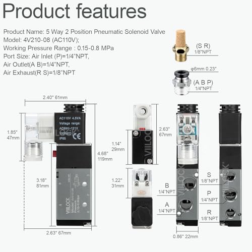 Pneumatic Solenoid Valve, 5 Way 2 Position 1/4”NPT Single Coil Pilot-Operated Electric Air Control Valve 4V210-08 (AC110V) - style: AC110V Junction Box