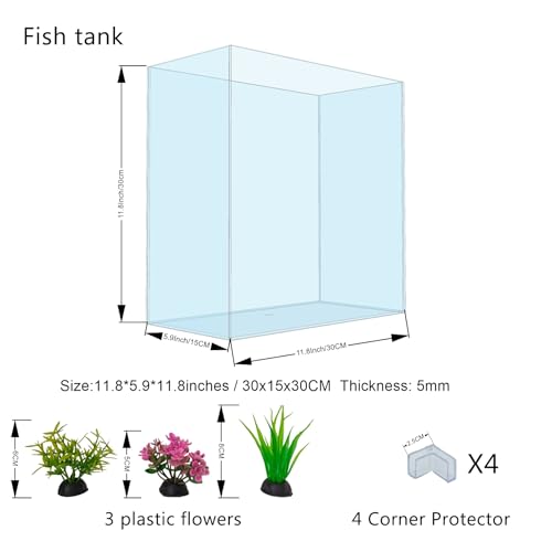 High-Clarity 3.5 Gallon Fish Tank 30 * 15 * 30CM - Low Iron Glass Aquarium with Space-Saving Thin & Narrow Designs | Includes Non-Slip Mat, Corner Guards + Decor | Ideal for Desktop/Bathroom - size: Small