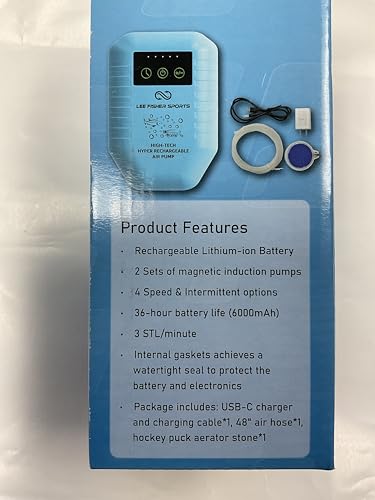 Aquarium AIR Pump, Aerator for Live Bait,HIGH-TECH Hyper Rechargeable Lithium-ION Battery USB AIR Pump for Live Bait 36 Hours, Watertight Seal, 48" AIR Hose, Aerator Stone
