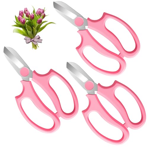 Housolution Flower Scissors, Strong Floral Shears,3PCS Premium Steel Garden Pruning Shears Floral Fruits Leaf Scissors Hand Pruner Snip Trimming Tool for Gardening Flower Arrangement, Pink - color: Pink, size: 3 Pack