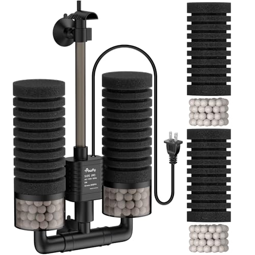 Pawfly Aquarium Sponge Filter, 5 W Submersible Small Aquarium Filter, 80 GPH Fish Tank Filter with Water Pump, Ceramic Balls & Double Foams, Quiet Bio Sponge Filter for 15-55 Gallon Tanks - size: M (For 15-55 Gallon)