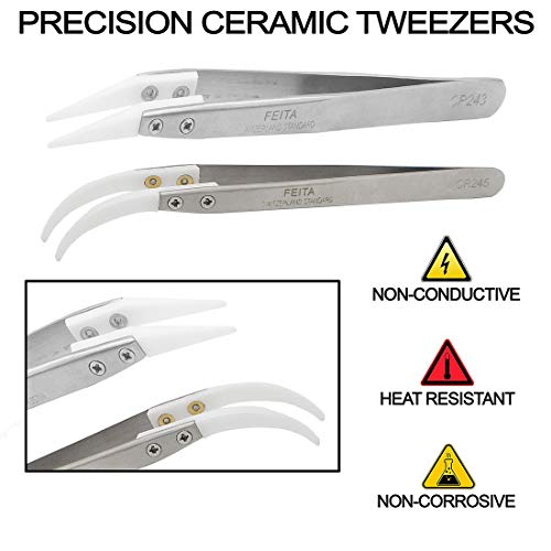 Ceramic Tweezer Set - FEITA Ceramic Precision Tweezers for Electronic Repair, DIY Hobbies - NO MORE BROKEN TIPS! (2-Pcs) - color: Silver - 2pcs