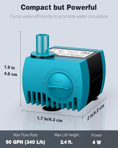 Pawfly 90 GPH Submersible Water Pump 4 W Mini Water Fountain Pump with 2.4 ft. Lift Height Quiet Adjustable Water Pump for Aquarium Fish Tank Fountain Garden Waterfall Statuary - style: Submersible