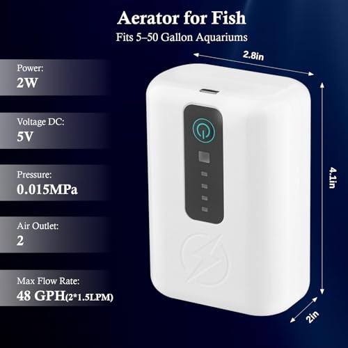 Battery Powered Aquarium Air Pump – 2W 48GPH USB Rechargeable & Ultra Quiet Portable Aerator for Fish Tanks, Live Bait Buckets, Outdoor Fishing, Power Outages & Emergency (5–50 Gal)