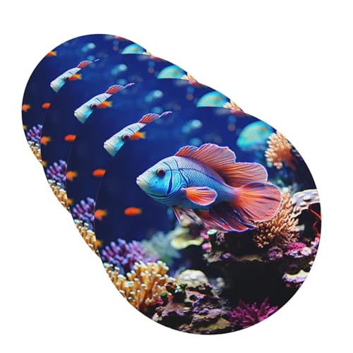 Drink Coasters Set of 4 Leather Coasters for Drinks Coral Reef Fish Aquarium Round Cup Mat Pad Easy Clean Bar Coasters Heat Resistant Funny Cup Coasters for Tabletop Protection,4 Inches - color: Round Shape