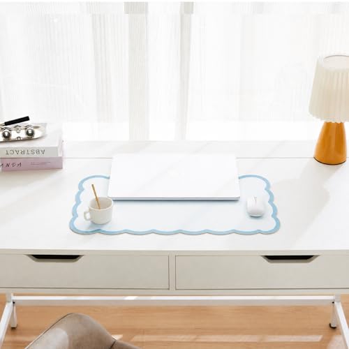 Scalloped Desk Mat, 23.6" x 11.8" Cute Small Aesthetic Desk Accessories, PU Leather Computer Laptop Desk Mouse Keyboard Pad, Desk Writing Mat for Vanity/Work/Home Decor, Blue - color: Blue, size: 23.6" x 11.8"