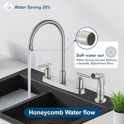 Kitchen Faucet, High Arc 360° Swivel Spout, 2-Handle 8 Inch Centerset Kitchen Sink Faucet with Side Sprayer, 3 or 4 Hole Kitchen Faucet for RV, Utility & Laundry Sink, Brushed Nickel - color: Brushed Nickel
