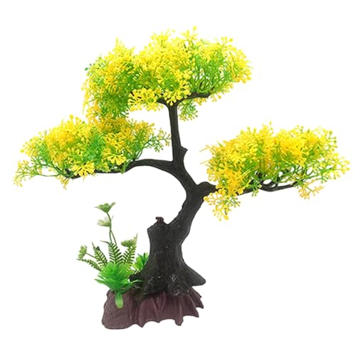 Aquarium Artificial Plants Decor, Cherry Blossom Tree with Grass Set, Pink Plastic, 9.44x3.54x2.75 Inches, for Nature Underwater Landscape (Yellow) - color: Yellow