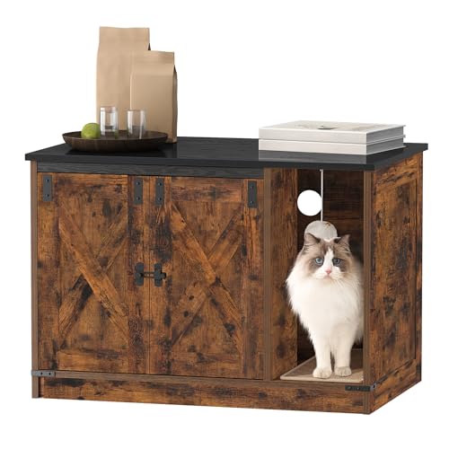 Hzuaneri Cat Litter Box Enclosure, Hidden Litter Box Cabinet Furniture with Bell, Indoor Cats House, Farmhouse Style, 31.5 x 19.7 x 20.9Inches, for Hallway, Bedroom, Rustic Brown and Black CB82401X - color: Rustic Brown and Black, size: 31.5"L x 19.7"W x
