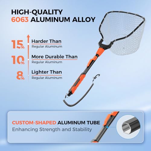KastKing Titanet Fishing Net, Durable Aluminum Handle, Non-Slip Hi-Vis Grip, Compact Bag & Lanyard, Ideal for Kayak, Lake, Fly, or River Fishing, 2 Net Options - size: 32" Total Length (Fixed Handle), style: Silicone Net