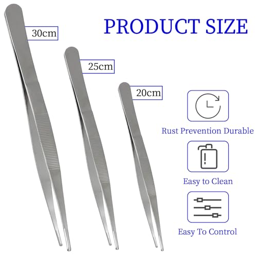 Bonsicoky 3Pcs Stainless Steel Tweezer Set (8" 10" 12"), Long Tweezers with Precision Serrated Straight Tips, Non-slip Multitool Tweezer for Cooking, Repairing, Medical, Garden - size: 8" 10" 12" (1 Set)