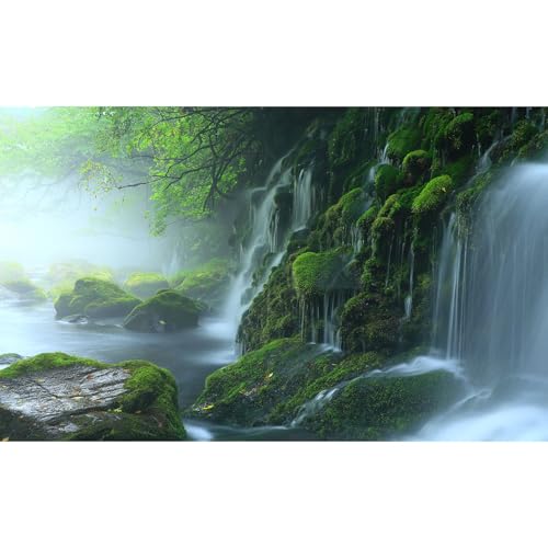 Cascading Waterfall Aquarium Background Majestic Tranquil Stream Mossy Rocks Fish Tank Background Scenic Foggy Misty Forest Scene Terrarium Backgrounds Natural Falls Reptile Tank Backgrounds 24x12in - color: Foggy Green, size: 24(W)x12(H)in