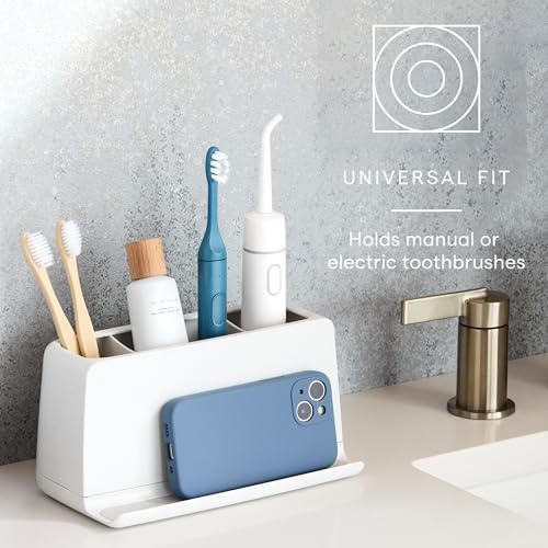 YouCopia The Ledge Toothbrush Holder, 3-Slot, Bathroom Vanity Counter Organizer with Cord Slots, Removable Base and Storage for Phones, Toothpaste and Accessories - size: 3-Slot