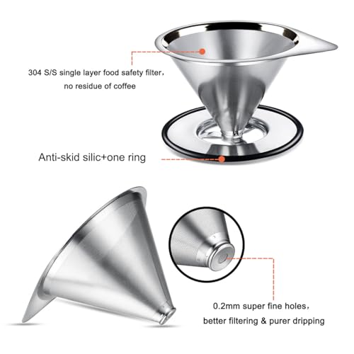 LHS Pour Over Coffee Dripper Stainless Steel Coffee Filter Metal Cone Filter Paperless Reusable Coffee Filter Single Cup Coffee Maker 1-2 Cup With Non-slip Cup Stand and Cleaning Brush - color: single mesh 1-2 cups Silver