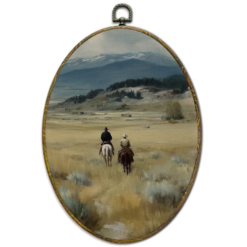 XFCICRLJ Vintage Western Room Cowboy Wall Art Decor, Rustic Western Oval Canvas Prints Framed, Cottagecore Country Landscape Cowboy Wall Art Decorations for Home Bedroom Living Room Decor, 11x8.5 Inch - color: West