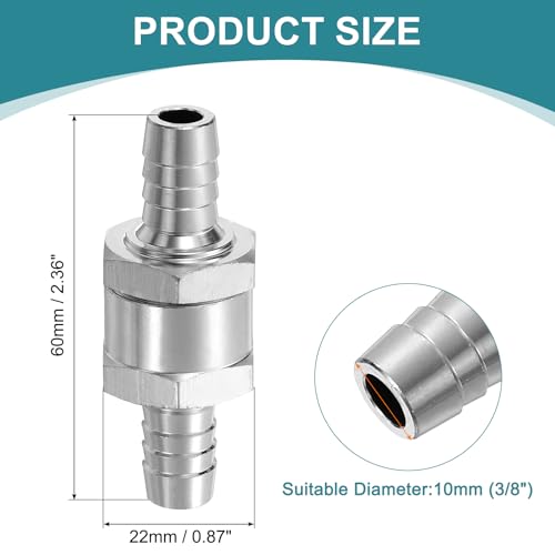 uxcell 10mm (3/8") Fuel Check Valve, Non-Return One Way Check Valve, Aluminum Alloy Control Accessories for Petrol, Diesel, Gas, Oil, Air, Water, Silver