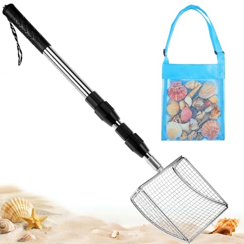 RGQSUN Shark Tooth Sifter with Seashell Bag, Beach Sand Sifter Set with Extendable Handles for Shell Collecting, Sea Glass, Shark Teeth and Small Beach Finds - color: Blue (1 Set)