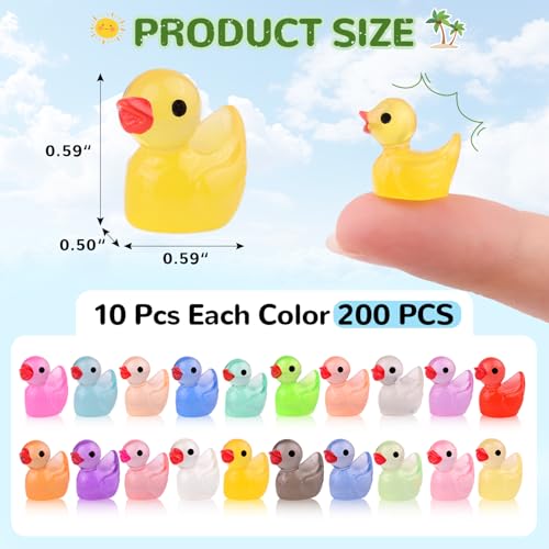 200PCS Mini Resin Animals Cute Tiny Ducks Glow in Dark,Miniature Duck Figures to Hide,Little Animal Small Figurines Bulk for Topper Desk Garden Dollhouse Landscape Ornaments DIY Crafts & Decor - color: Luminous Colorful Ducks-200pcs