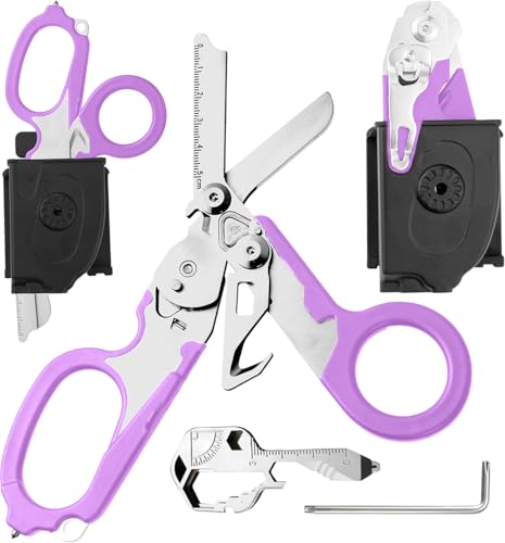 Heavy Duty 6 in 1 Multipurpose Emergency Trauma Shears Scissors with Holster, Outdoor Camping Rescue Tools with Glass Breaker, Strap Cutter Stainless Steel Foldable Scissors Pliers - color: Purple