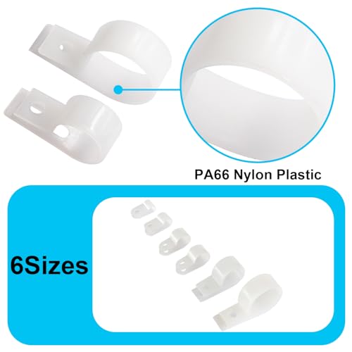 TWTADE 306PCS White Cable Clamps Assortment Kit, Nylon Plastic R-Type 6 Sizes 3/16'' 1/4'' 3/8'' 1/2'' 3/4'' 1'' Cable Mounting Wire Clips Fastener with Screws for Wire Management - color: White-306PCS