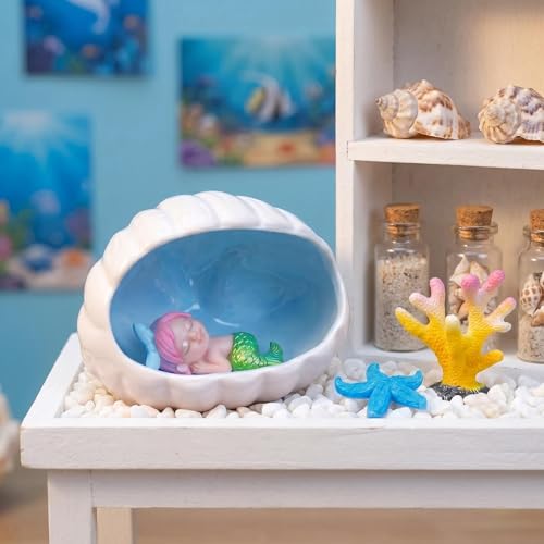 Ocean Theme Aquarium Decor 4-Piece Set: White Ceramic Shell Cave Hideout for Betta, Cichlid, Shrimp, Turtle + Sleeping Mermaid Figurine + Resin Coral & Starfish – Fish Tank Ornament