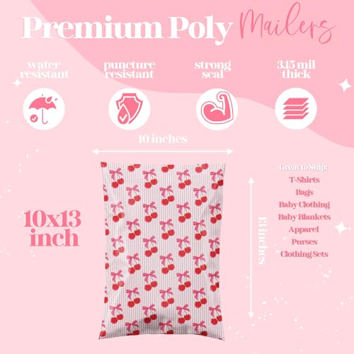 Pretty Package Store 10x13 Designer Poly Mailer 100 Pack Heavy Duty Waterproof Self Seal Shipping Bags for Small Business Large Mailing Envelopes Bulk Tear Resistant Packaging Pink Stripe Cherry Fruit - color: Cherry, size: 10x13