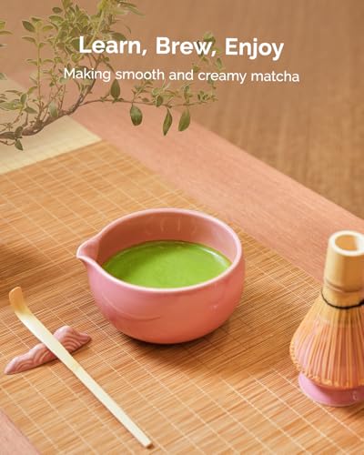 Maestri House Pink Matcha Whisk Set, 7-Pc Complete Matcha Kit with Spouted Ceramic Bowl, Bamboo Whisk and Holder, Scoop, Spoon Rest & Sifter, Tea Cloth – Ideal Gift for Matcha Lovers (Pink) - color: Pink