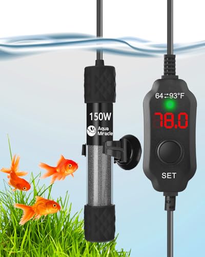 AquaMiracle Aquarium Heater 150W Fish Tank Heater for 15-30 Gal Tanks, LED Digital Display Thermostat Turtle Heater with Out-of-Water Auto Shut-Off, Overheat Protection & Memory Function - size: For 15-30 Gal Tank