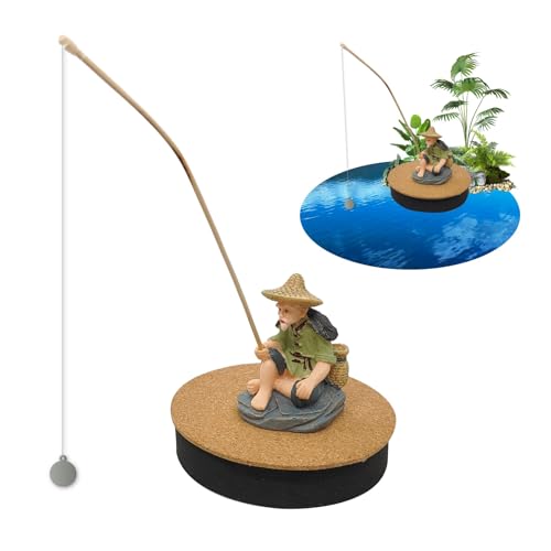 NIIIYTYB Floating Fish Tank Decorations Resin Fisherman Aquarium Decor Island Figurine with Mini Fishing Rod Funny Cool for Betta Bowl Zen Aquariums Small Fish Ornaments Interactive Decor