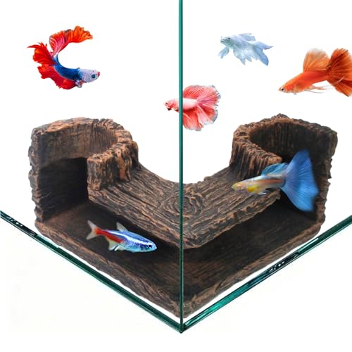HUIKANGSHENG Aquarium Cave, Natural-Looking Wood-Like BPA-Free Corner Fish Tank Hideout, 5.1" x 2" x 2.7" Decor for Guppies, Neon Tetra, Corydoras Catfish and Betta