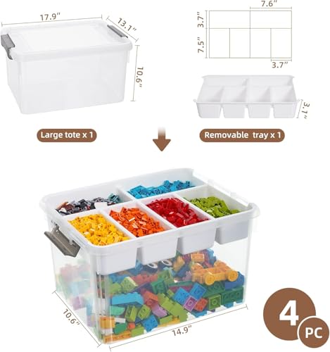Citylife 32 QT Plastic Storage Bins with Removable Tray Large Stackable Storage Containers for Organizing Craft Storage and Storage Craft, Clothes, Files, Office Supplies, 4 Packs - size: 32 Qt- 4 Pack