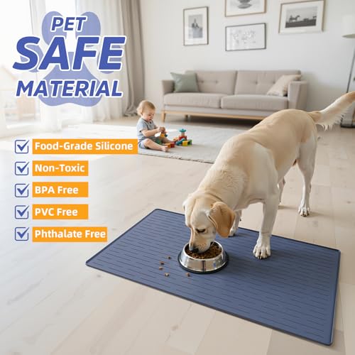 Large Dog Mats for Food and Water, 32"x24" Waterproof Pet Food Mats for Floor Nonslip Silicone Bowl Mats with Raised Edges - color: Blue, size: 32"L x 24"W