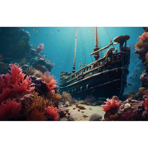 Sunken Pirate Ship Aquarium Background Vibrant Underwater Coral Reef Seascape Fish Tank Background Timeless Nostalgia Rusty Ship Debris Terrarium Backgrounds Undersea Reptile Tank Backgrounds 24x12in - color: Blue_Pink, size: 24(W)x12(H)in