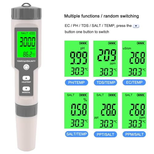Pool Salt Tester - Multifunctional 5 in 1 Salinity, PH, TDS, EC, and Temperature Meter, Pool Salinity Testing Kit, Digital Salinity Tester for Swimming Pool,Saltwater, Sea Water, Aquarium - color: Gray