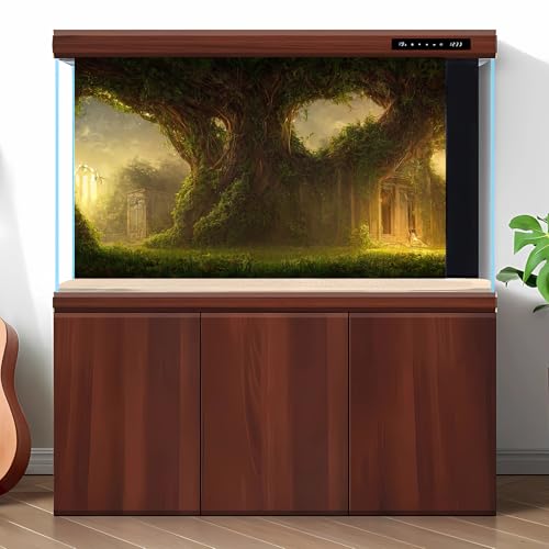 Castle Aquarium Background Abandoned Palace Castle Overgrown with Vegetation Ivy and Vines Terrarium Background Empty Atrium Halls Captured by Nature and Vegetation Fish Tank Background 36x20in - size: 36(W)x20(H)inches/ 90(W)*50cm(H)