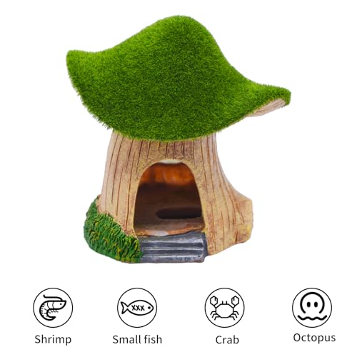 AnRui Green Moss Mushroom Aquarium Decor Cute Fish Tank Decorationss Resin Aquarium Decor Hideout Cave Ornament for Small Fish, Hermit Crab, Shrimp, Goldfish and Reptiles - size: Small