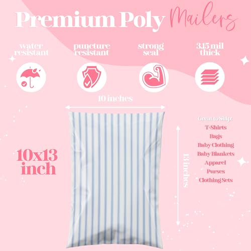 Pretty Package Store 10x13 Designer Poly Mailer 100 Pack Heavy Duty Waterproof Self Seal Shipping Bags for Small Business Large Mailing Envelopes Bulk Tear Resistant Packaging Blue Stripes - color: Blue Stripes, size: 10x13