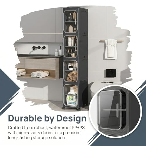 KHNR 5-Tiers Slim Bathroom Storage Cabinet, Foldable Storage Cabinets,Narrow Bathroom Storage,Movable Bathroom Storage Organizer for Small Spaces,Bathroom,Kitchen,Laundry,Black - color: Black, size: 5-Tiers