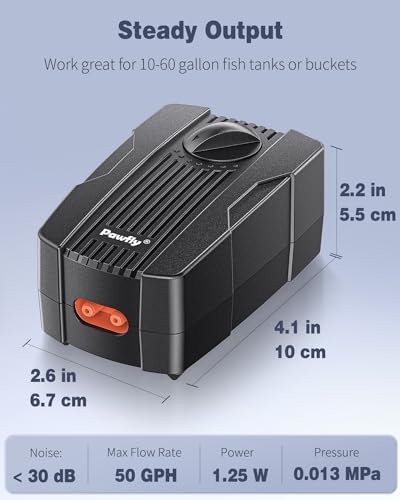 Pawfly 50 GPH Aquarium Air Pump for 10-60 Gallon Fish Tanks Dual Outlet Adjustable Ultra Quiet Aerator Pump with Airline Tubing, Air Stones Connectors, Check Valves and Nano Bio Sponge Filter - size: 50 GPH